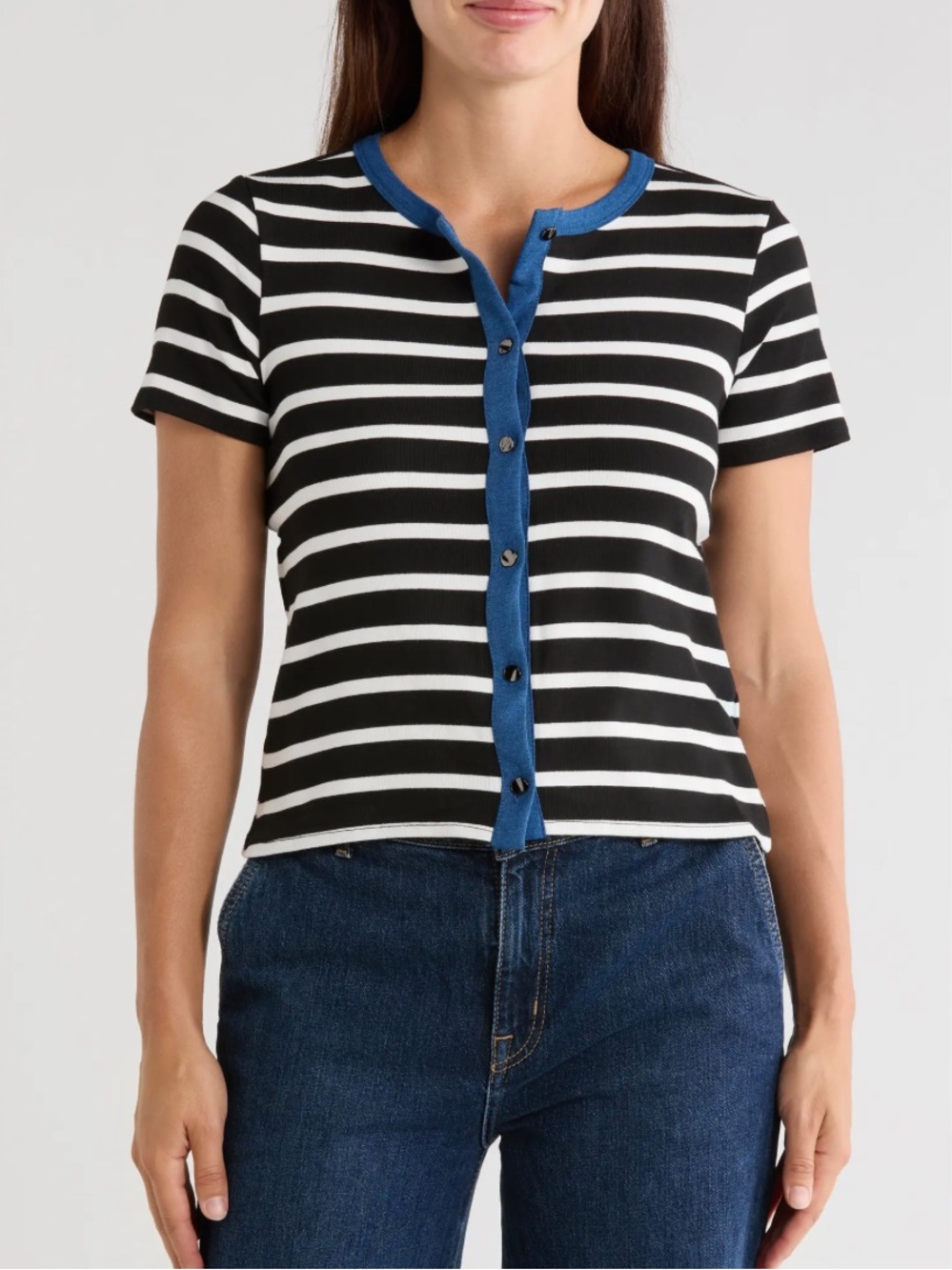 Striped Short-Sleeve Button Front Top